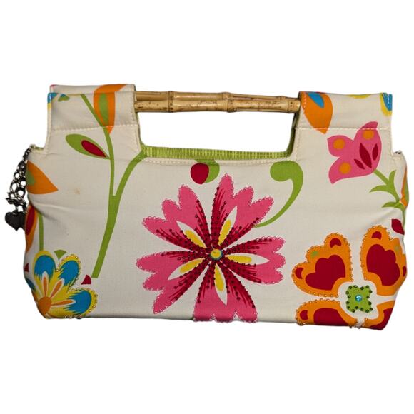 Vtg Y2K Braciano White Tropical Floral Print Beaded Bamboo Handle Clutch Bag - Picture 1 of 6